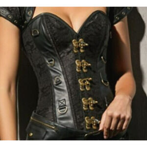6X Black Steel Boned Steampunk Goth Witch Brocade Floral Leather Overbust Corset